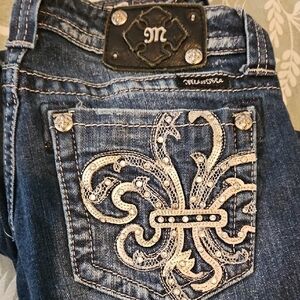 Miss Me Blue Boot Cut Jeans with Rhinestone Fleur-de-Lis